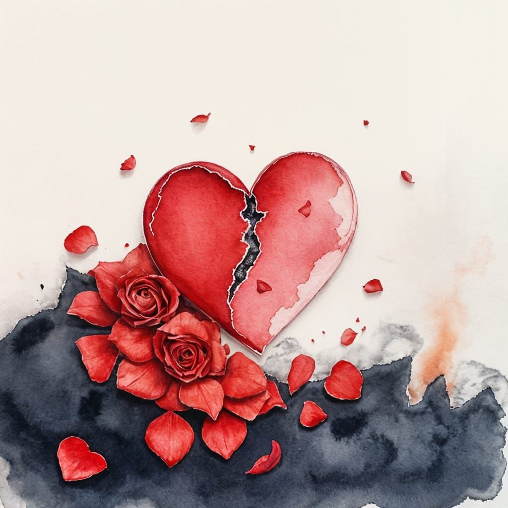 Watercolor Heart in Ashes with Red Roses