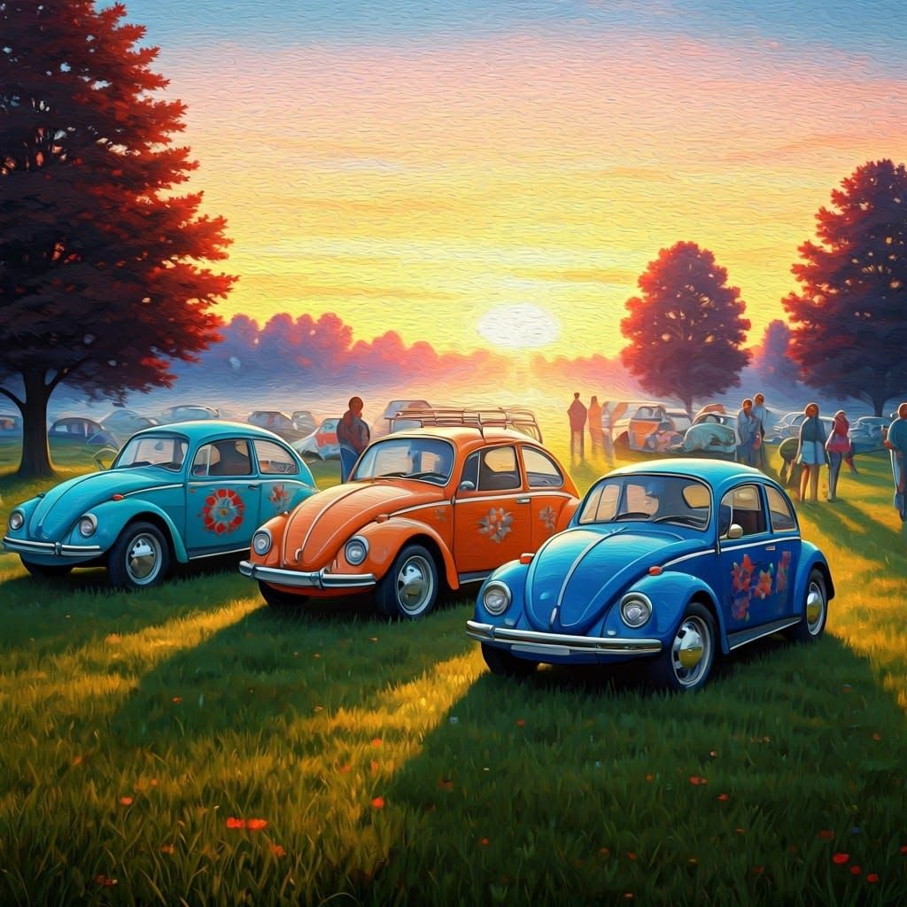 Sunrise VW Beetle Festival in Vibrant Colors and Whimsical S...