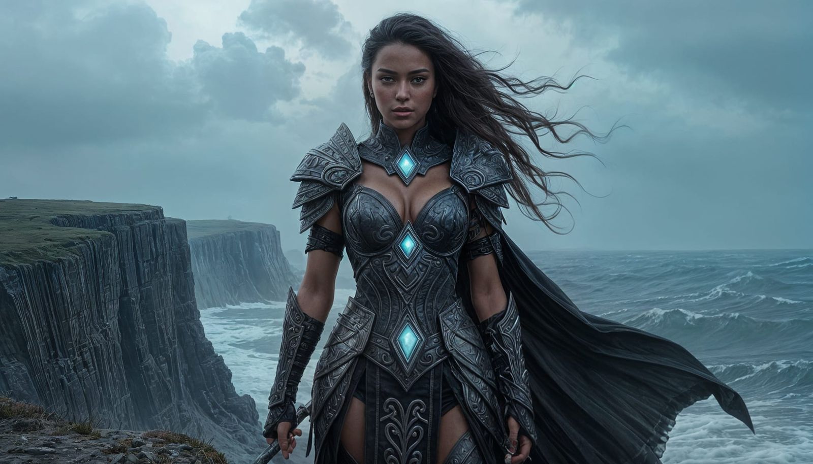 Obsidian Warrior Queen on Stormy Cliff