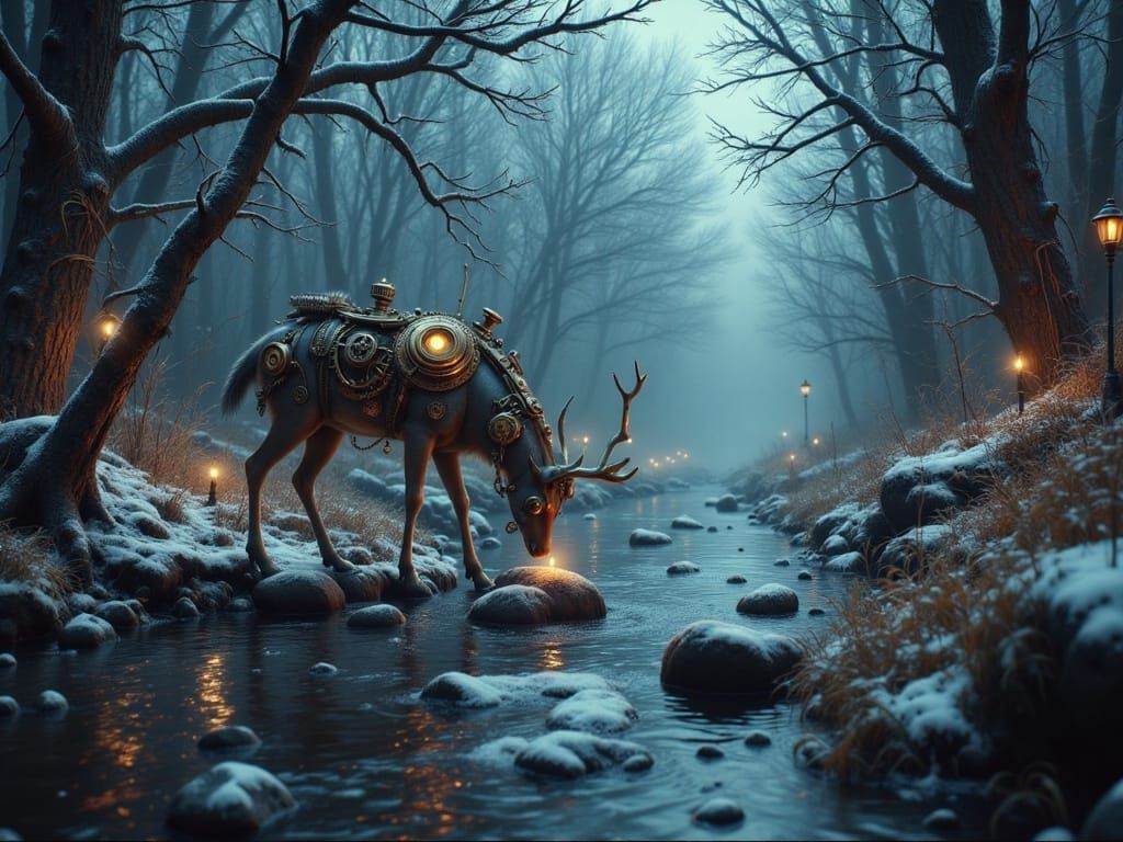 Steampunk Doe Drinking in Winter Forest