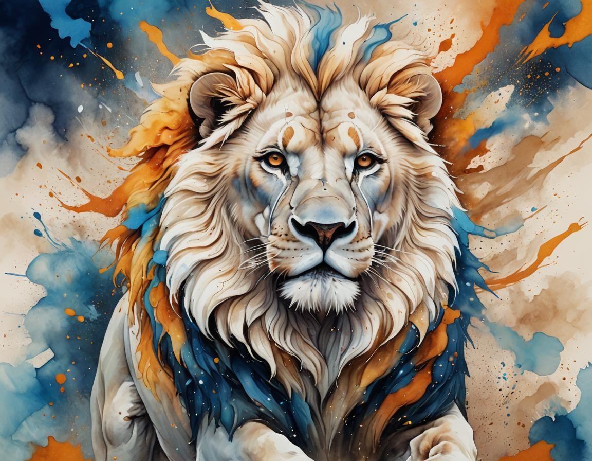 White Lion in Motion: Alcohol Ink and Watercolor Splash Art