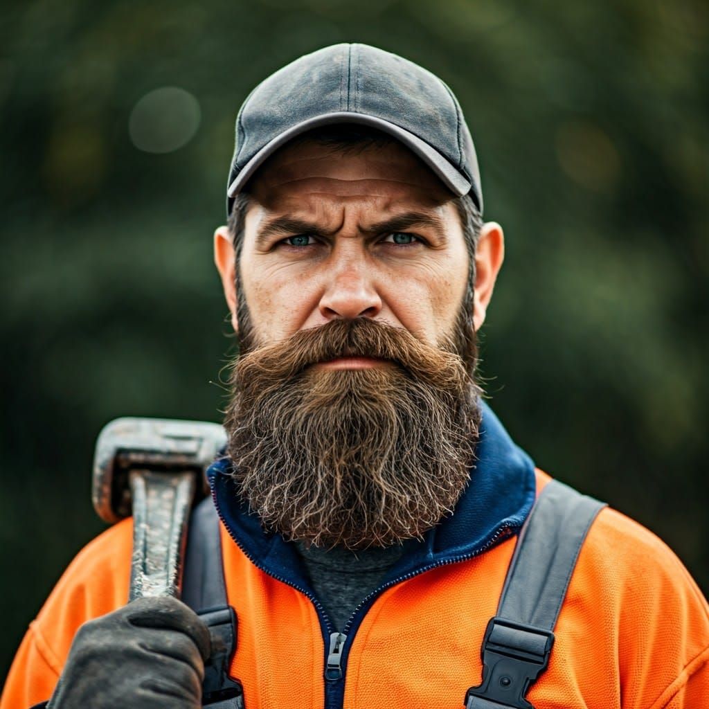 Rugged Tradesman with Unkempt Beard and Scowl