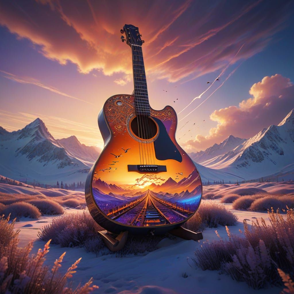 Surreal Train Rides Giant Guitar At Golden Hour