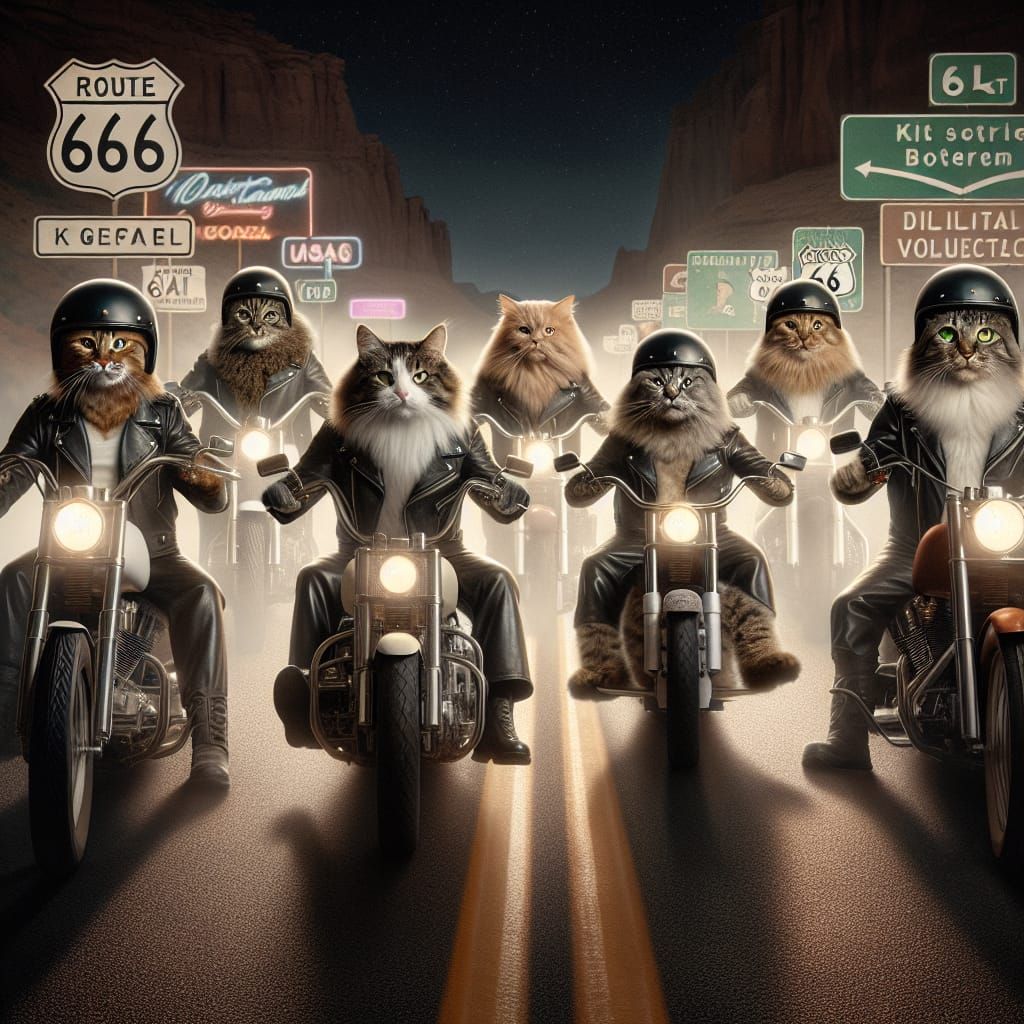 Cats Motorcycle Gang on Route 66 in 8K