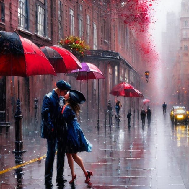 Passionate Couple Kissing in Rain, Impasto Painting