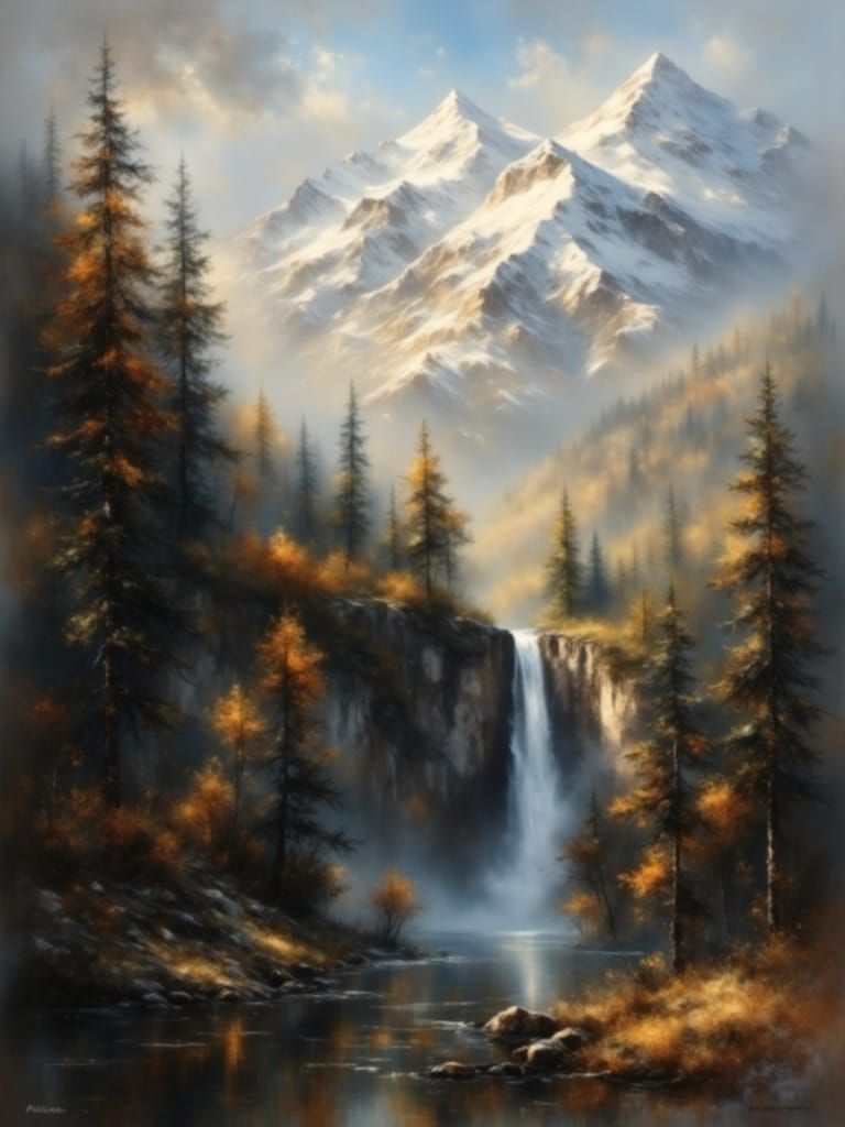 Majestic Mountains and Waterfall in Fall Colors