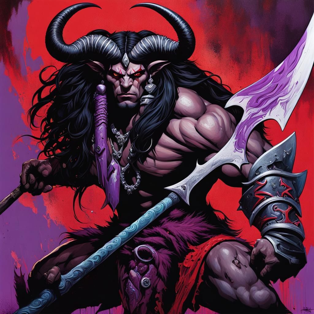 Tiefling Barbarian with Bone Axe, Graffiti Art Style