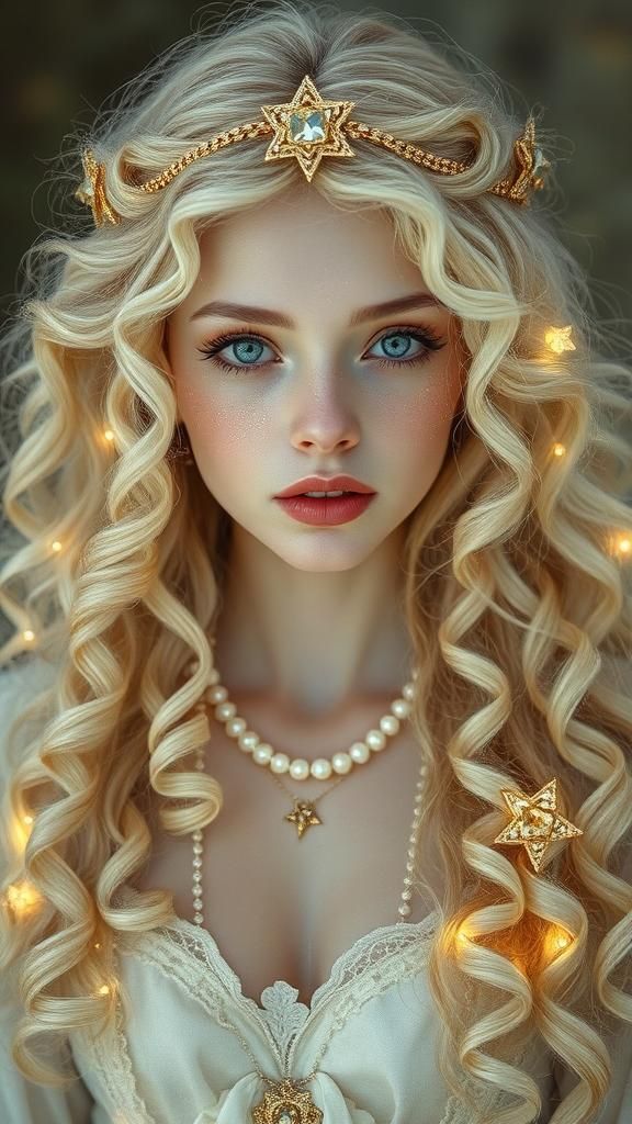 Ethereal Medieval Woman with Pearls and Fairy Lights