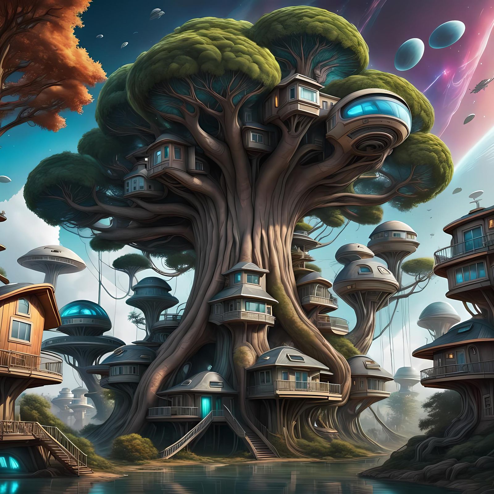Futuristic Treehouse on Alien Planet, Hyperrealistic Sci-Fi