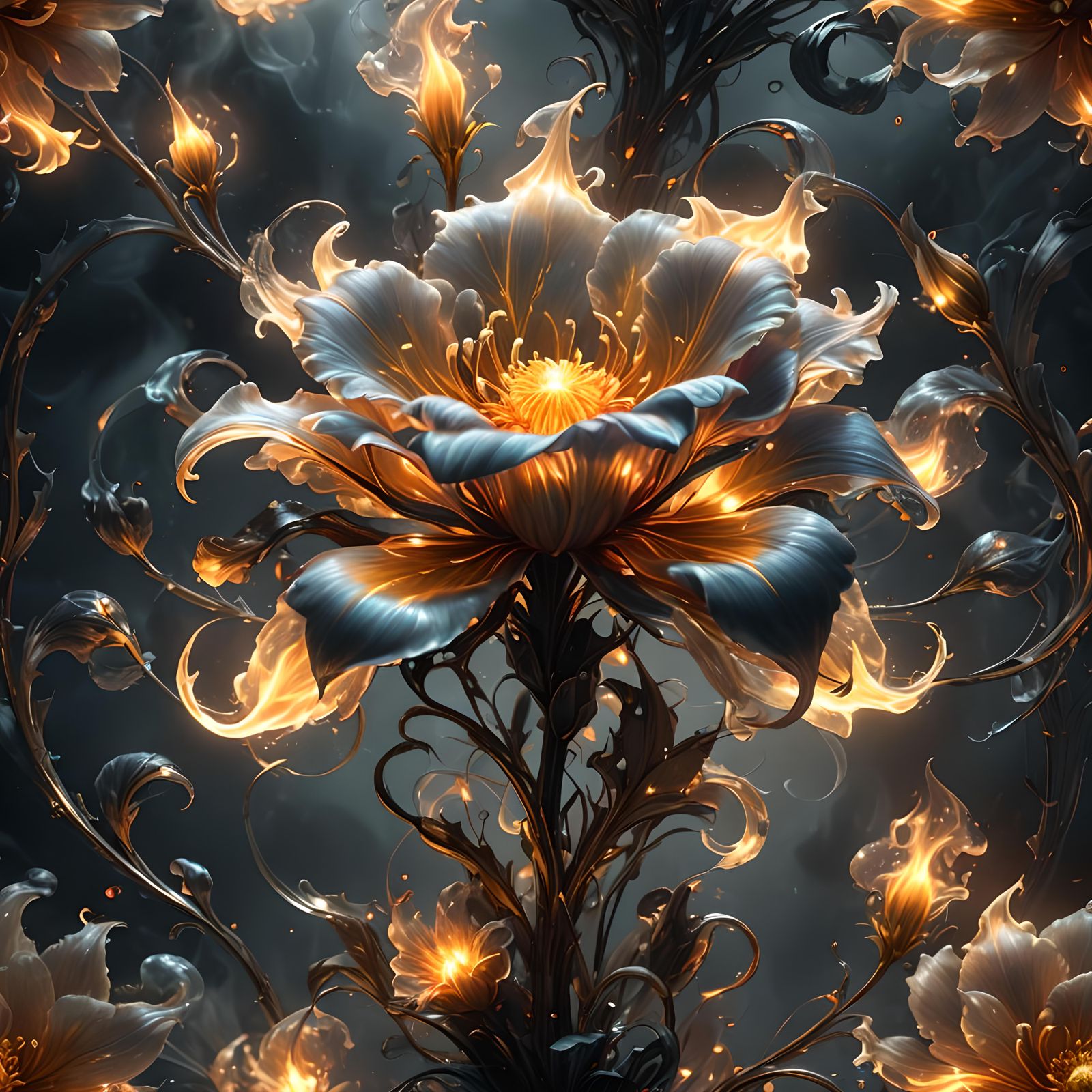 Surreal Glowing Flame Flower in Dark Fantasy Style