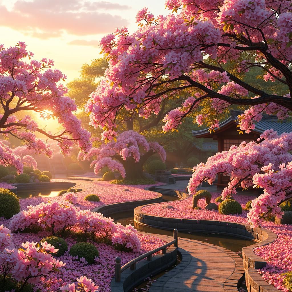 Japanese Cherry Blossom Garden in Anime Style