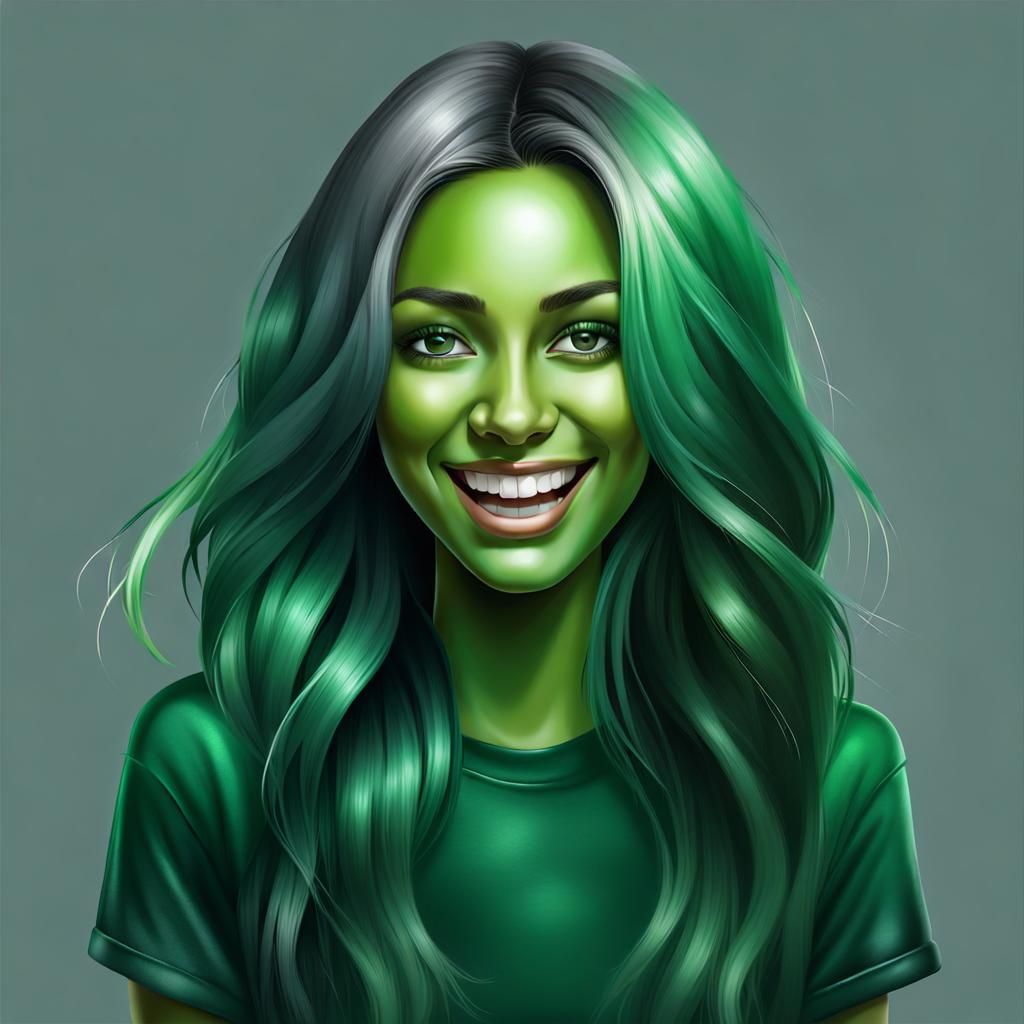 Green-Skinned Woman with Shiny Hair, Photorealistic Portrait