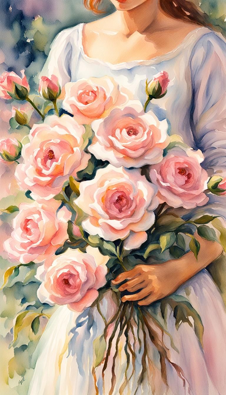 Woman with Pink Roses in Watercolor Style