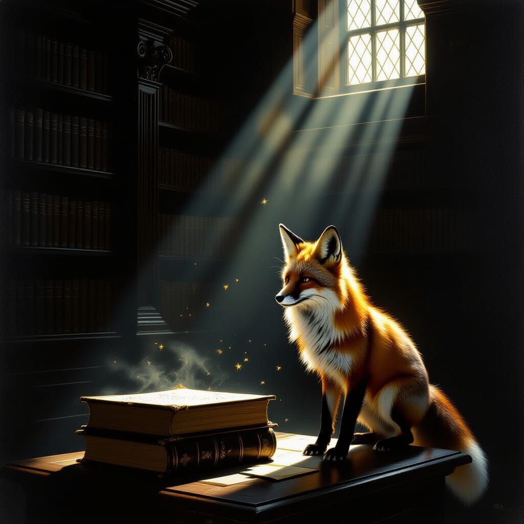 Majestic Fox in Ancient Library, Renaissance Chiaroscuro Oil...