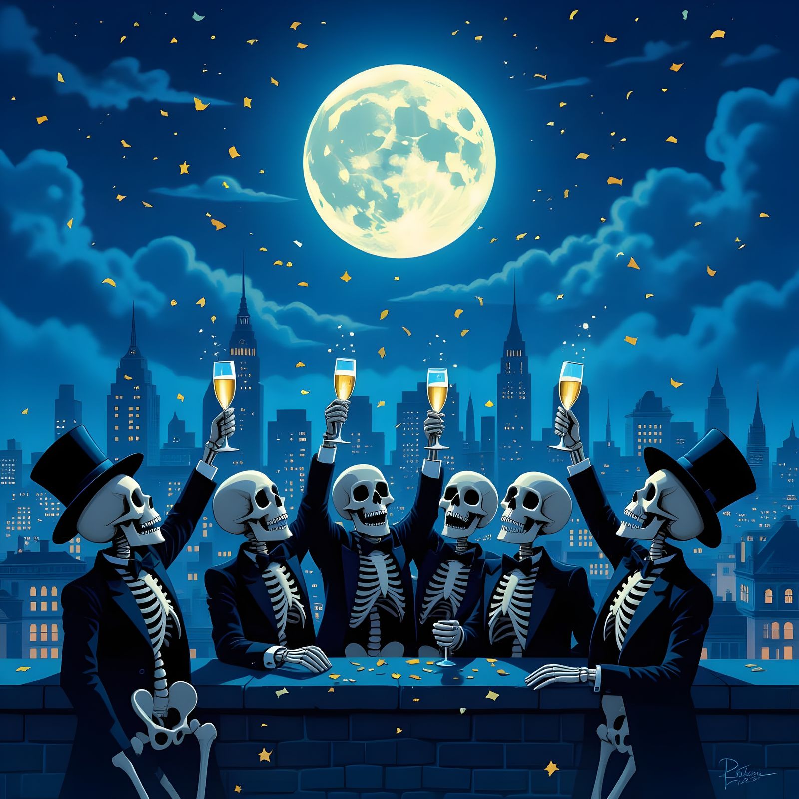 Skeleton New Year's Eve Celebration Under Moonlight