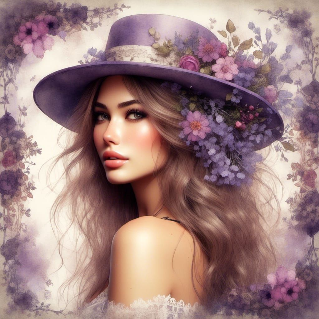 Stunning Woman with Flowing Hair in Floral Top Hat