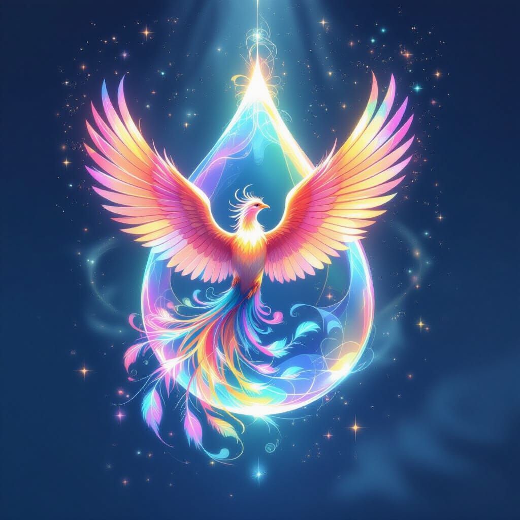 Rainbow Phoenix in Teardrop: Fantasy Art Nouveau Digital Pai...