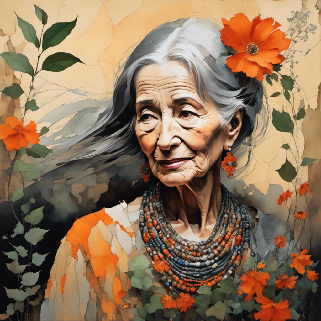 Elderly Woman with Flower in Realistic Garden Portrait