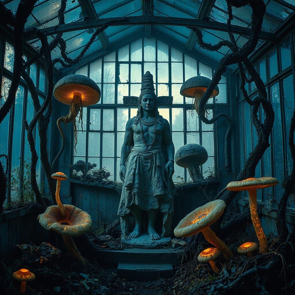 Bioluminescent Fungi in Overgrown Greenhouse: Gothic Horror