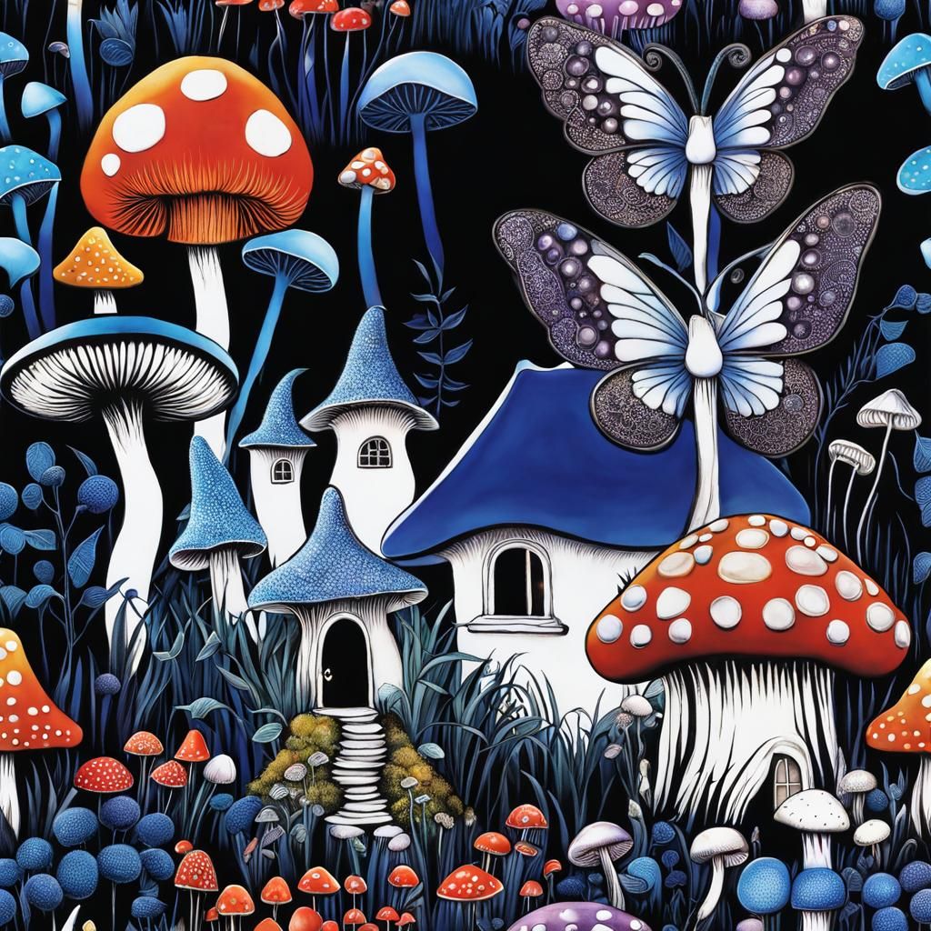 Mushroom Village with Unicorn Cat in Surreal Style