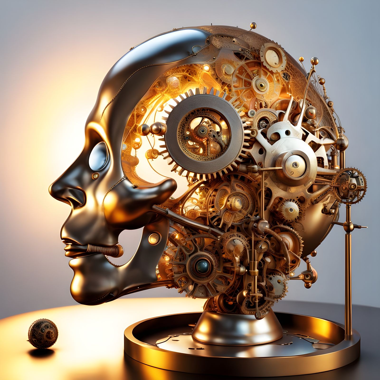 Autocognitron. A polished cranial sculpture revealing an int...