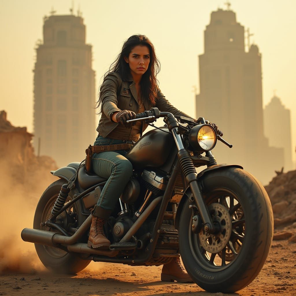 Latina Rider Mounts Motorcycle in Post-Apocalyptic City