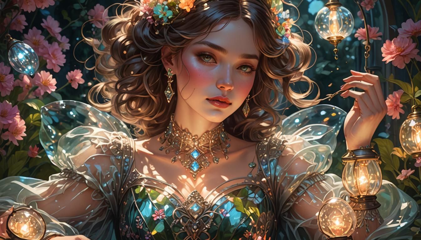 Woman in Glass Gown with Lantern: Hyperdetailed Art