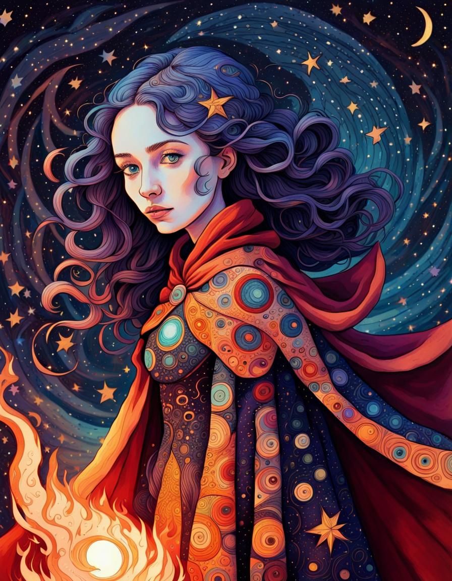 Colorful Sorceress with Zentangle Fire Swirls