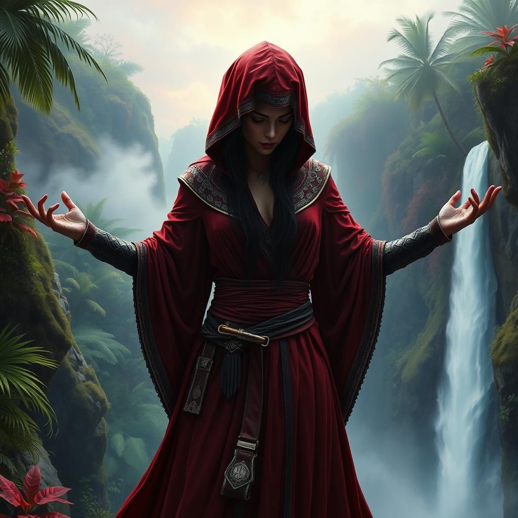 Mysterious Assassin at Tropical Waterfall Edge