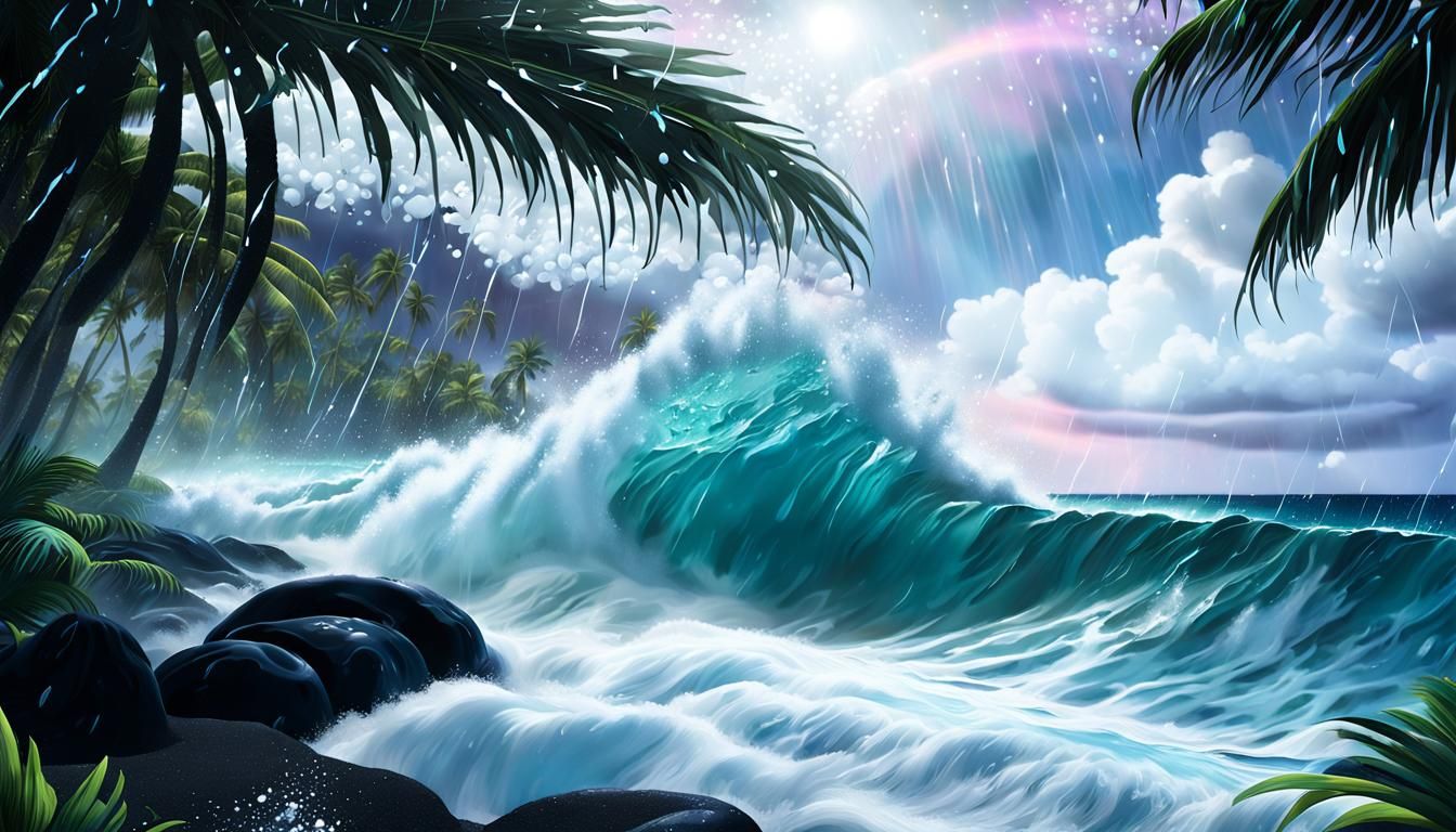 Vaporwave Hawaiian Forest with Porcelain Waves