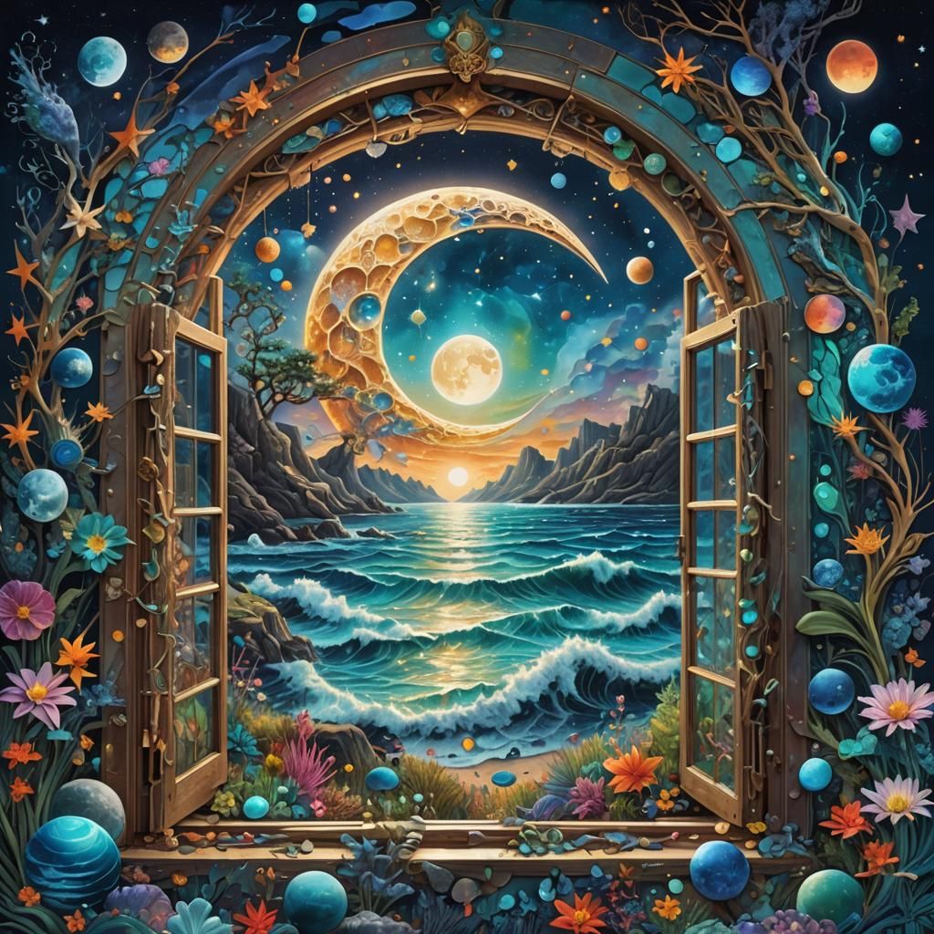 Ocean Moon Holographic Astral Illustration in Mixed Media