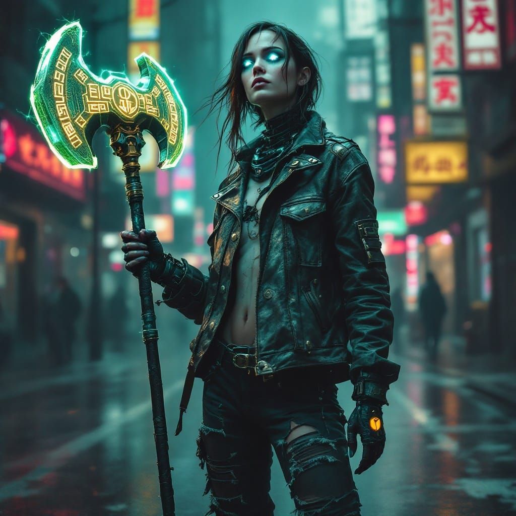 Cyborg Warrior in Cyberpunk Cityscape with Glowing Mace