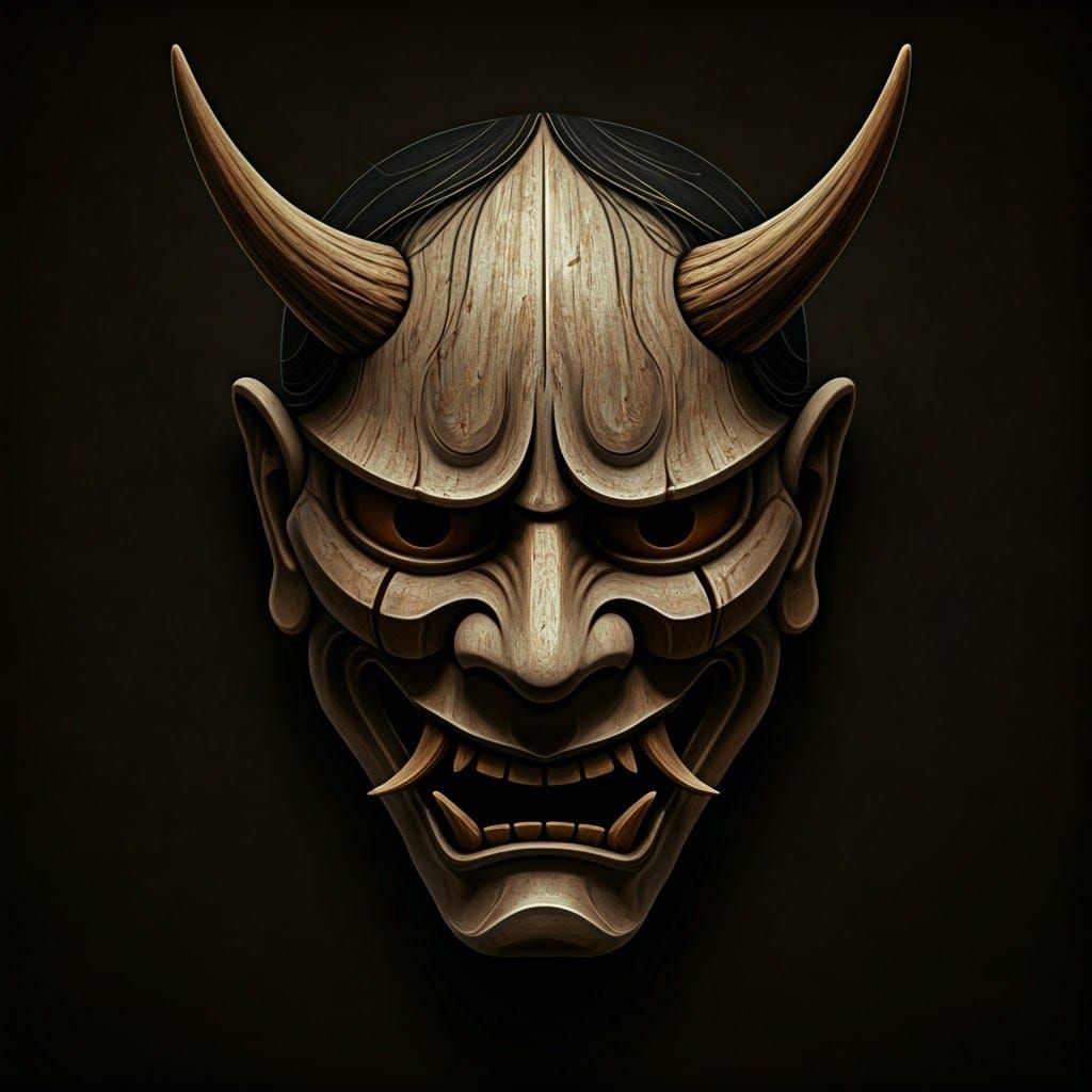 Weathered Pale Wood Oni Mask in Dark Chiaroscuro Style