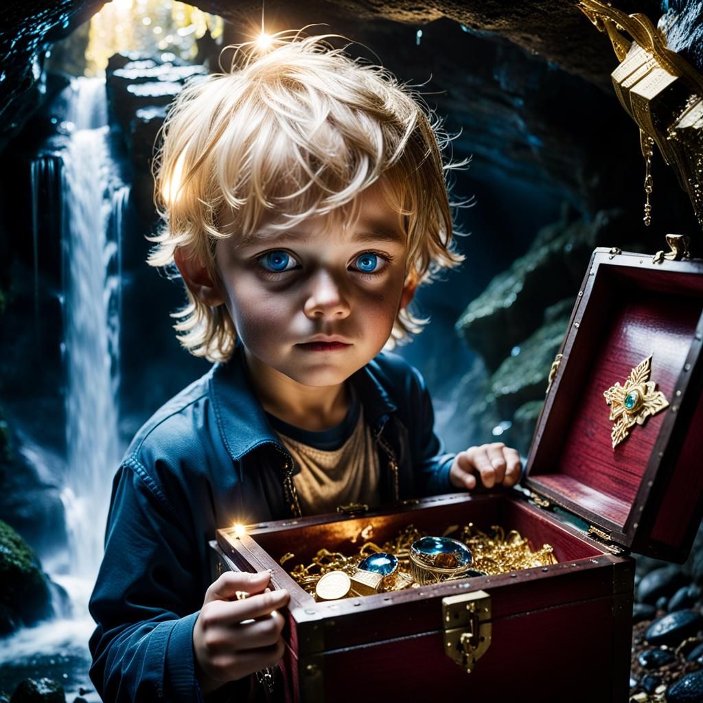 Boy Finds Treasure in Cave, Hyperrealistic Style