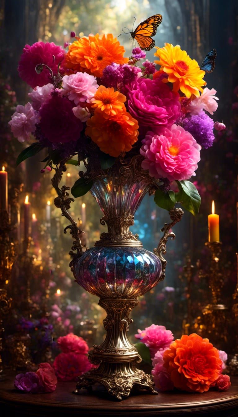 Crystal Mushroom Vase with Flowers in Art Nouveau Style