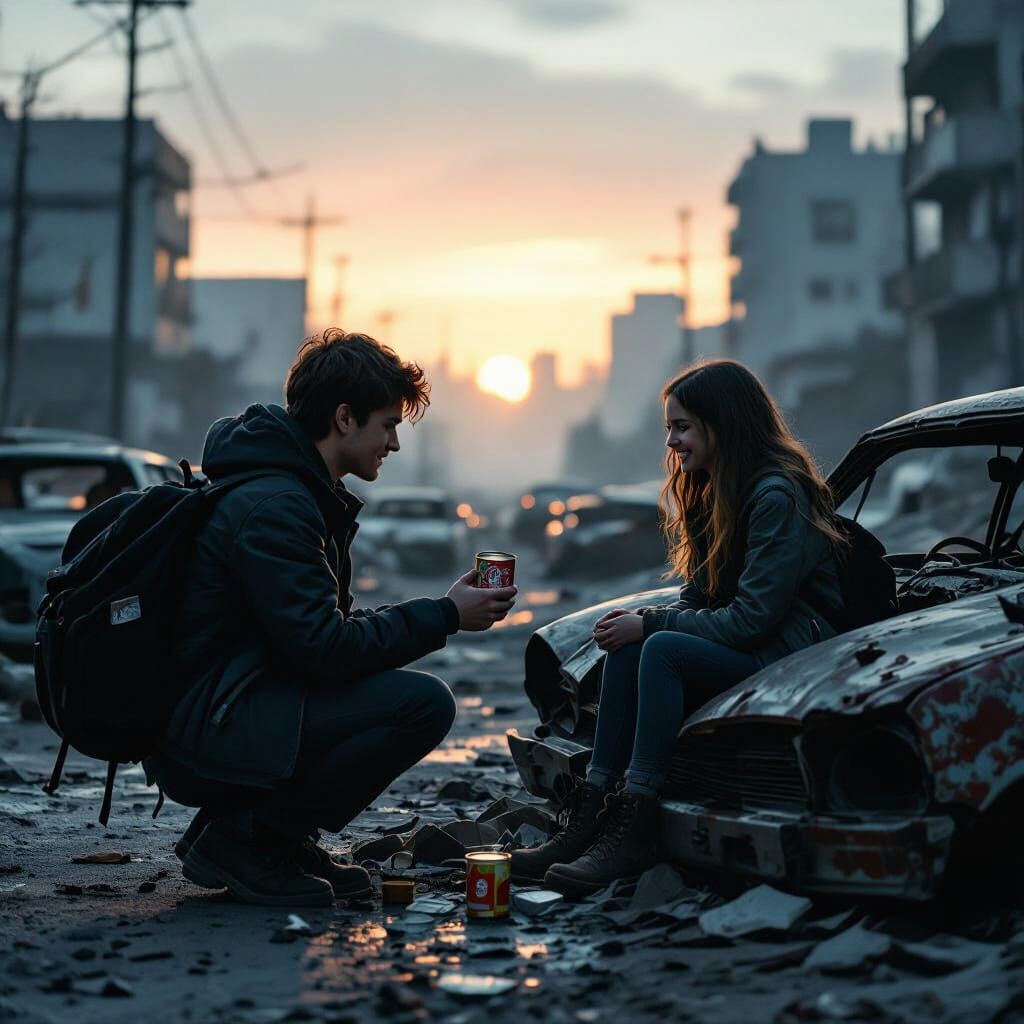 Post-Apocalyptic City at Dawn with Tender Moment