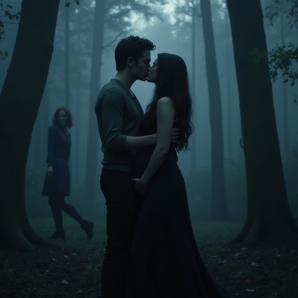 Twilight-Inspired Couple Kissing in Misty Forest
