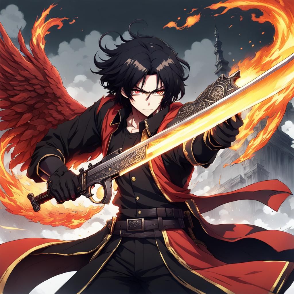 Male Angel of Death with Flaming Sword in Anime Style