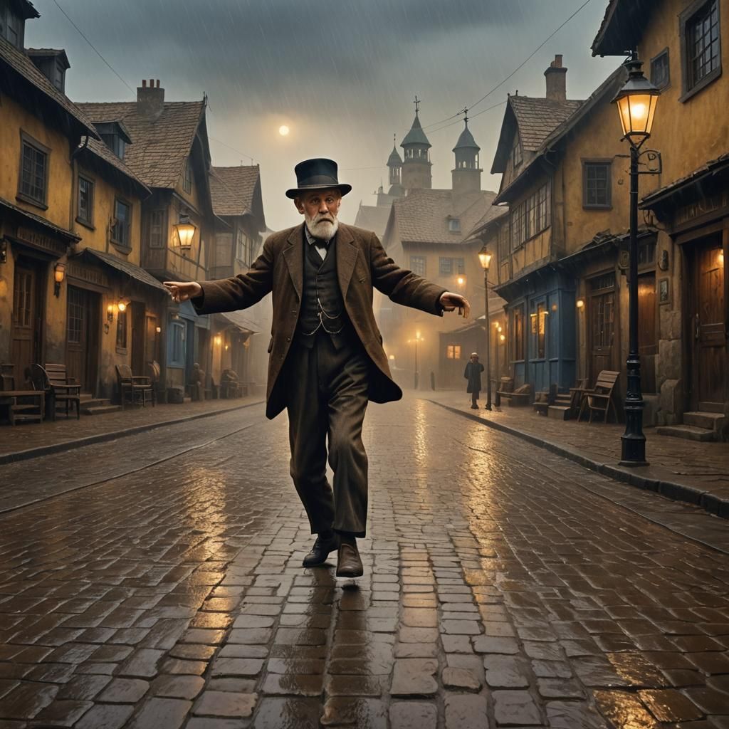 Jewish Man Dancing in Rainy 1900s Village