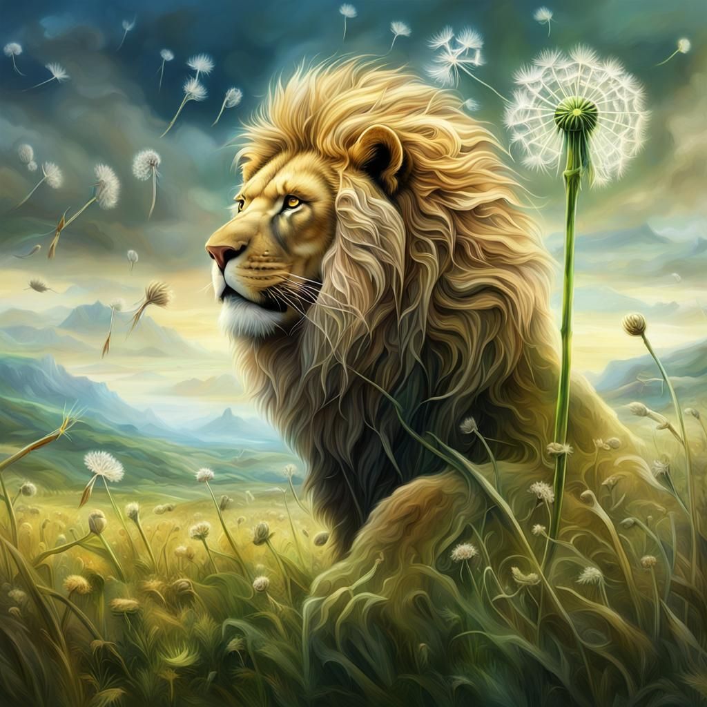 Lion-Headed Dandelion in Meadow: Detailed Digital Art
