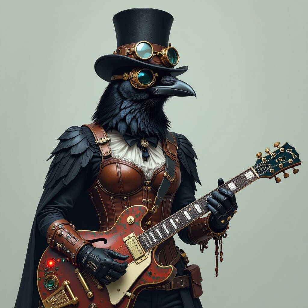 Steampunk Crow Guitarist in Sci-Fi Style