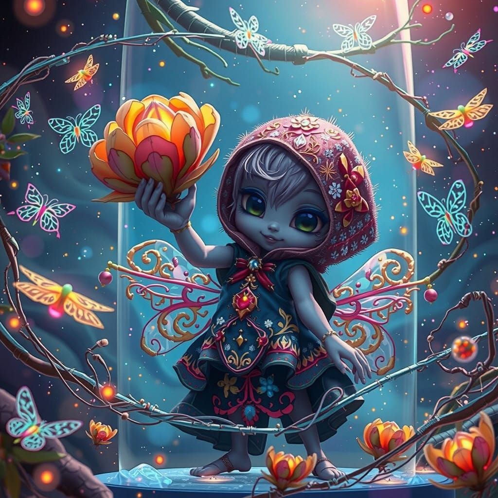 Iridescent Firefly Guardian in a Whimsical Vortex Scene