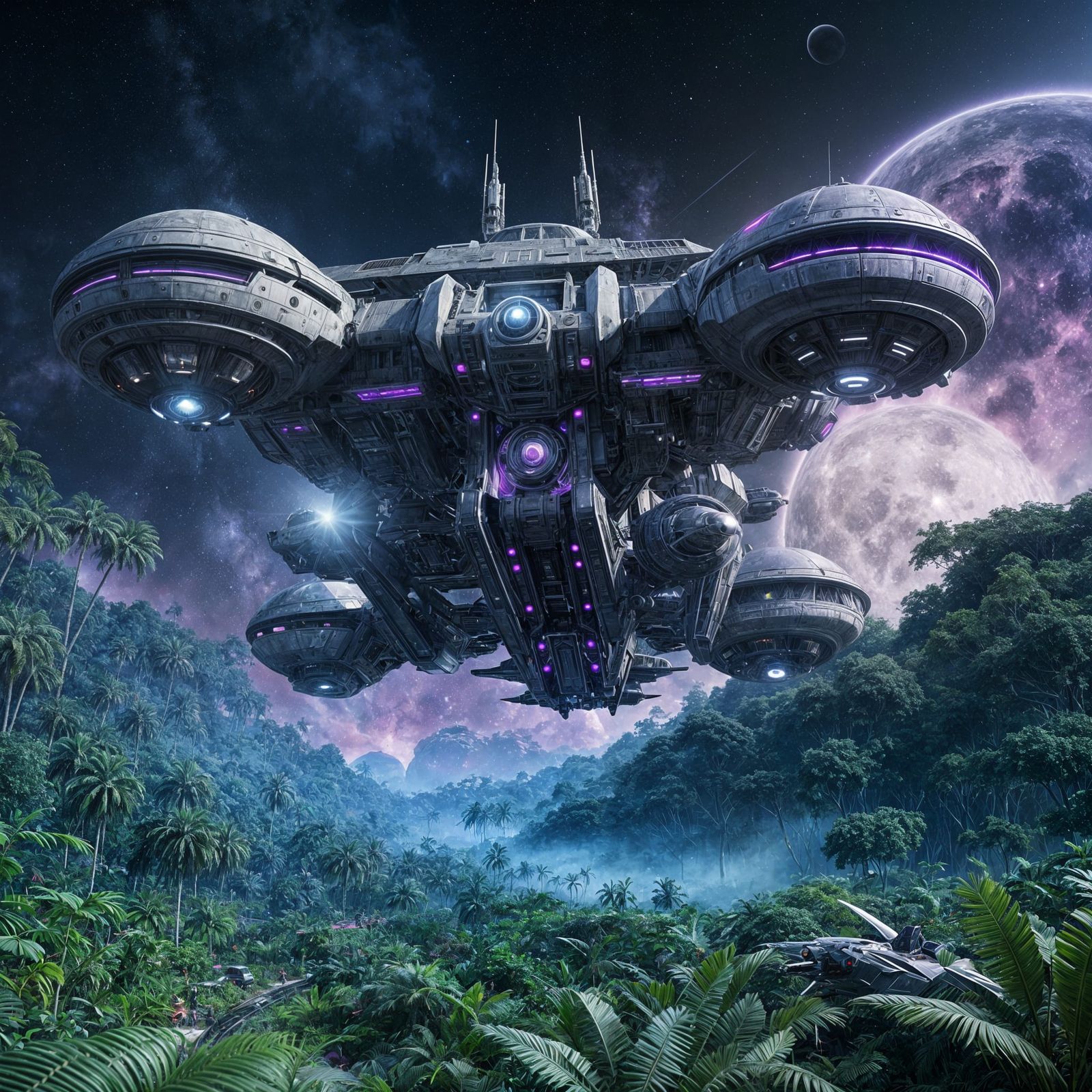 Futuristic Spaceship Flight Over Jungle Landscape