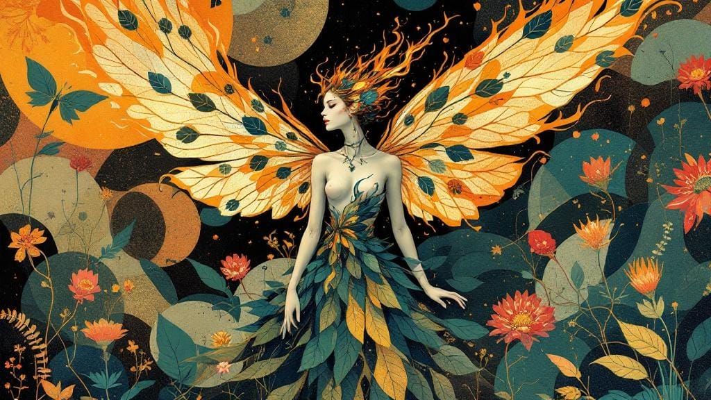 Fae with Wings of Fire in Storybook Style