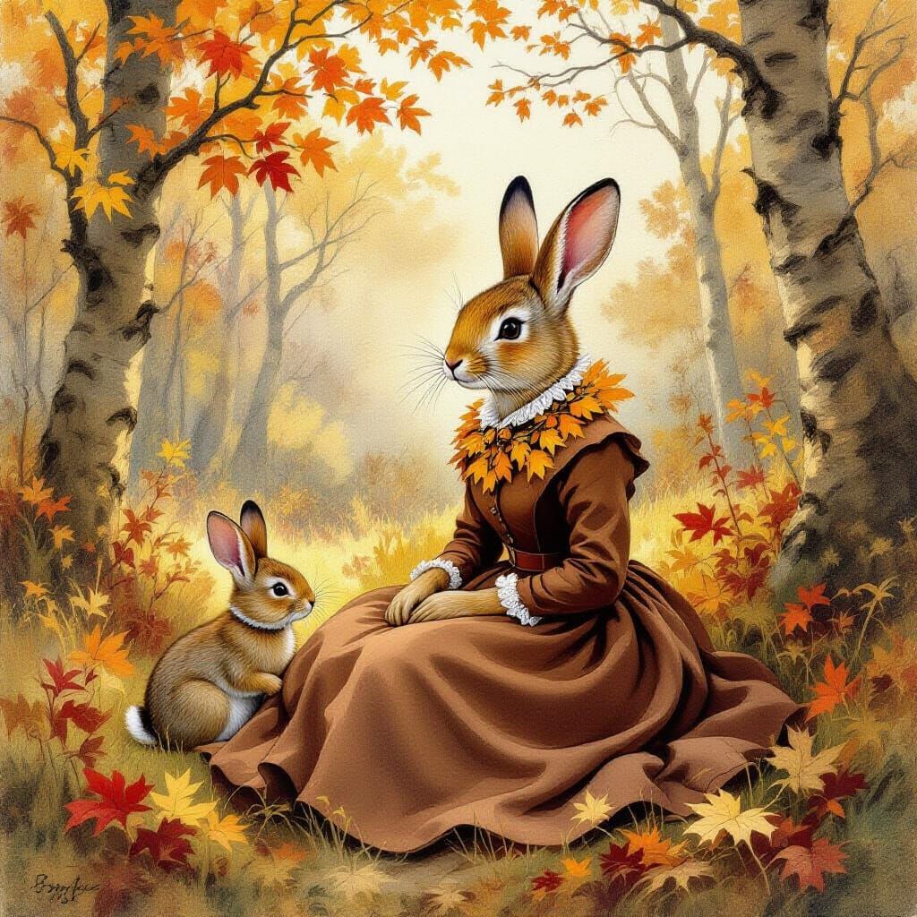 Deer with Fawn in Autumn Forest, Delicate Painting