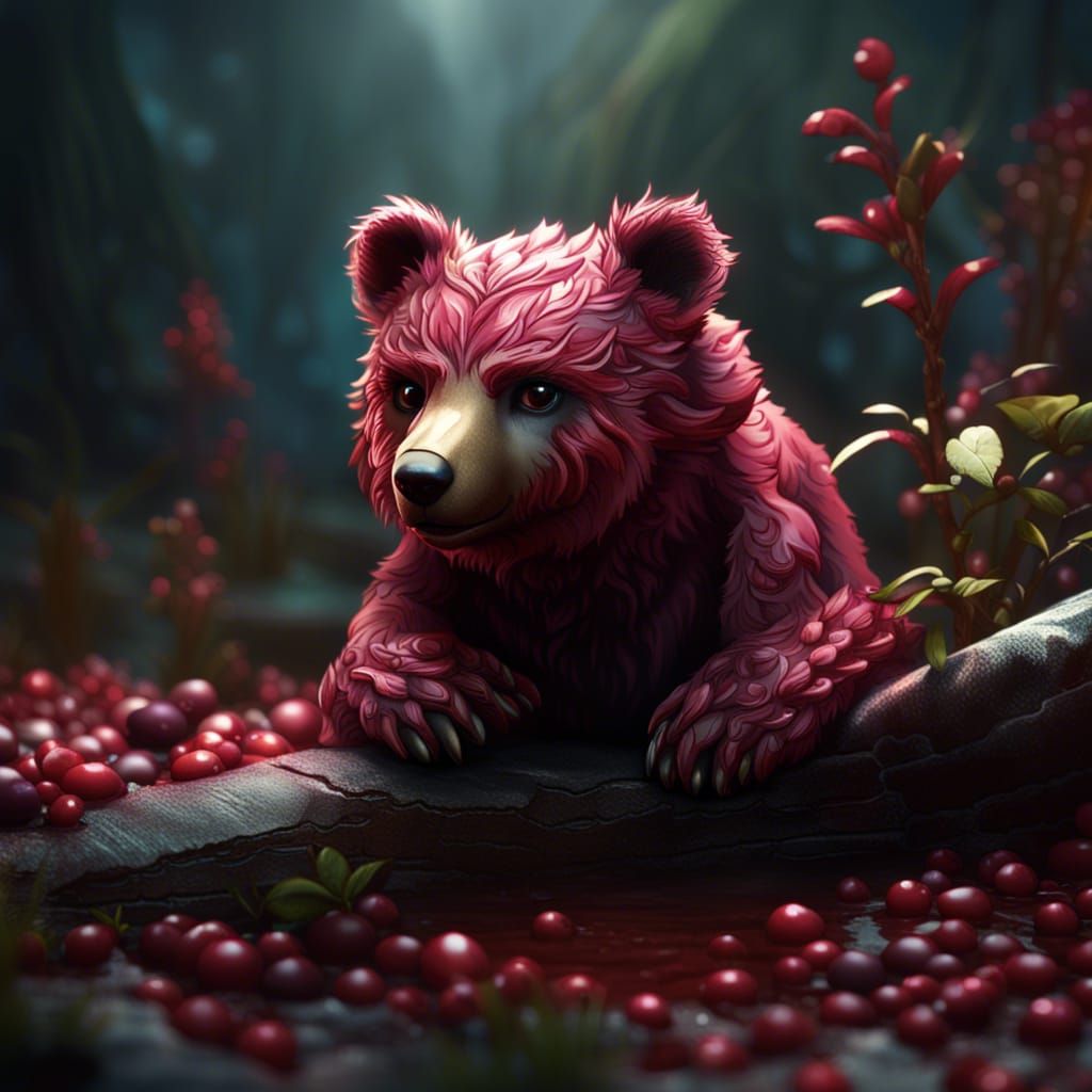 Fantastical Cranberry Bear Cub in Detailed Matte Painting