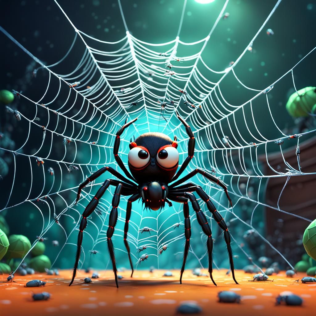 Cartoon Spider in Web: Pixar-Style 3D Digital Art