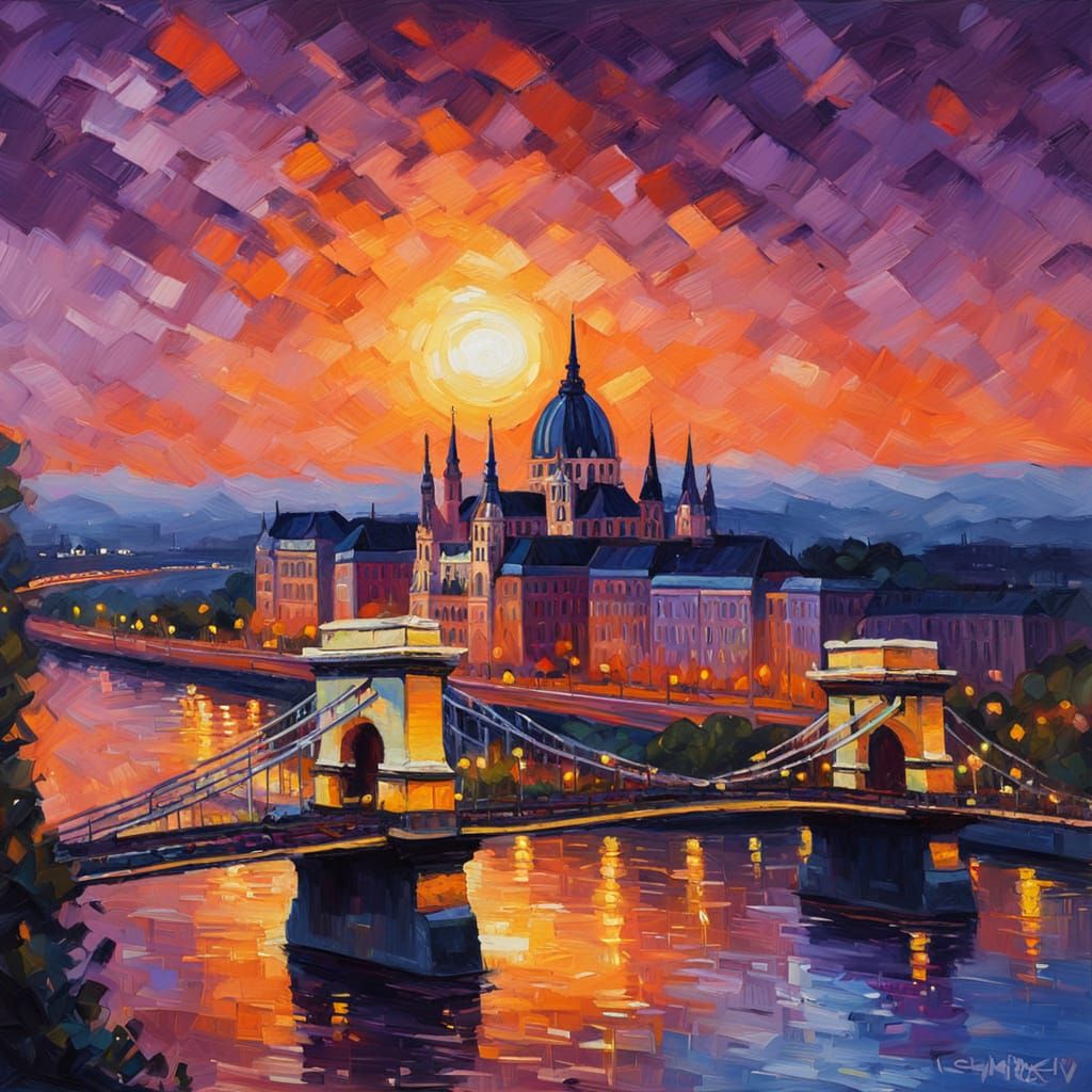 Neo-Impressionist Budapest Skyline at Sunset