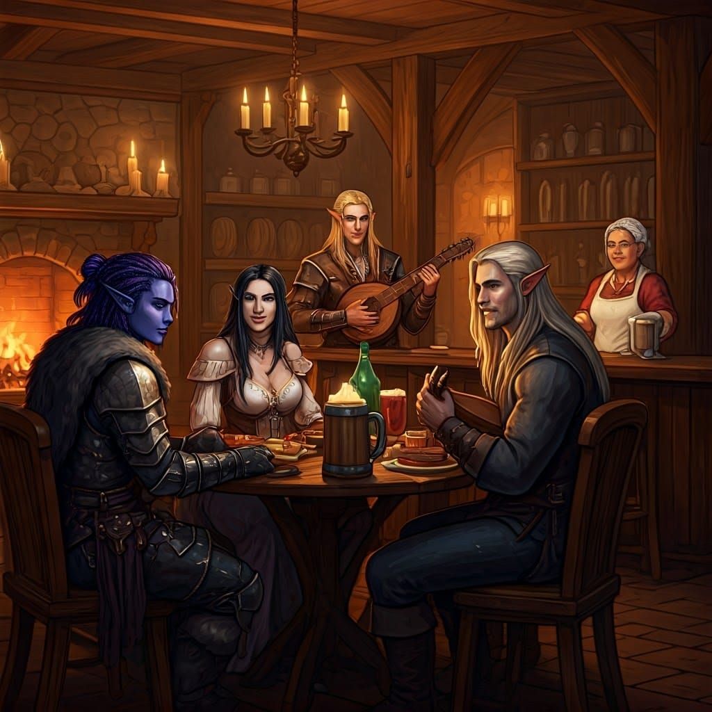 Cozy Tavern Scene with Fantasy Characters