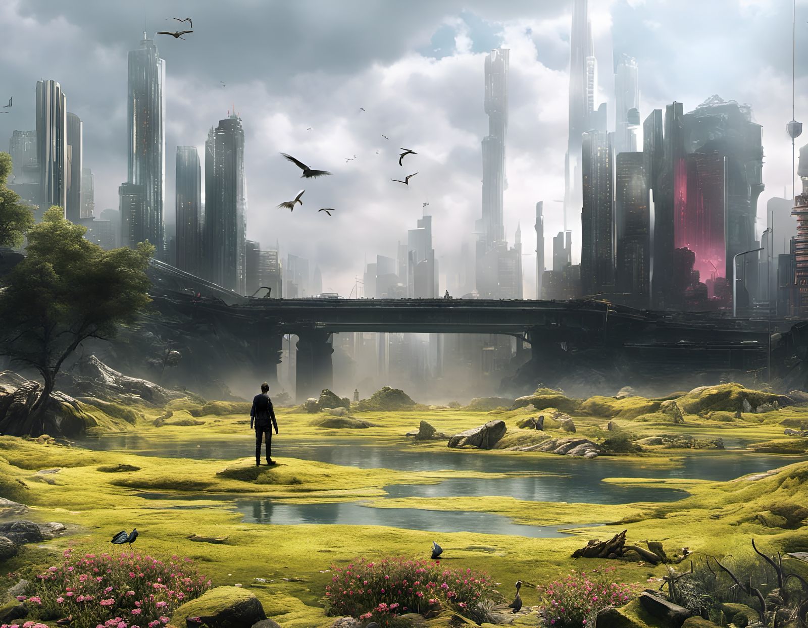 Cyberpunk Waterfall Oasis with Neon Skylines